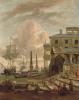 A capriccio of a Mediterranean harbour with stevedores, orientals and elegant figures, with shipping beyond